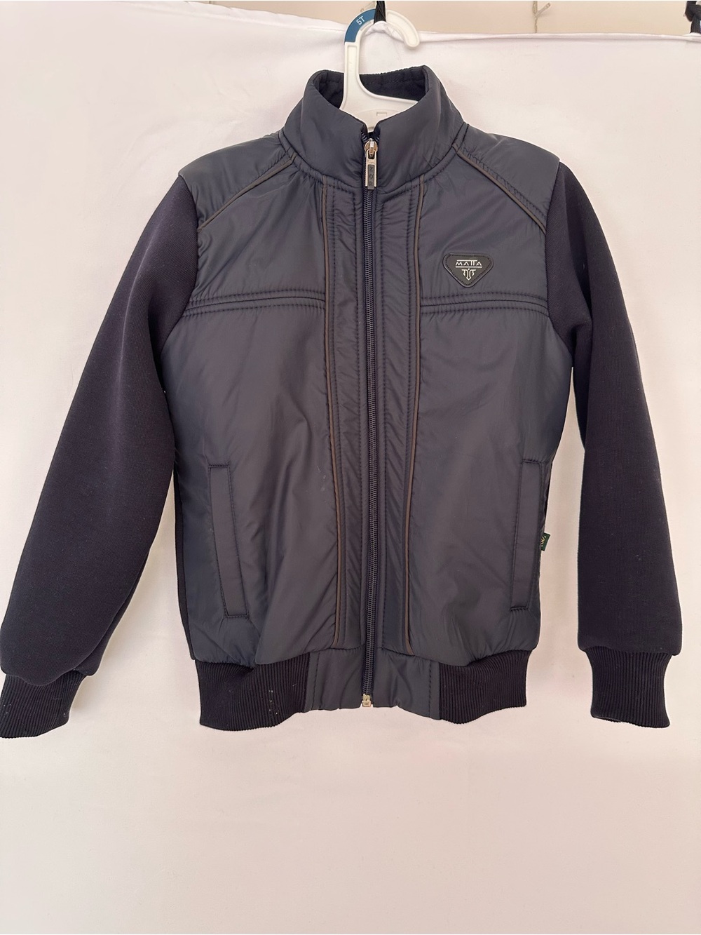 Kids Black Zip-Up Puffer Jacket with Knit Sleeves